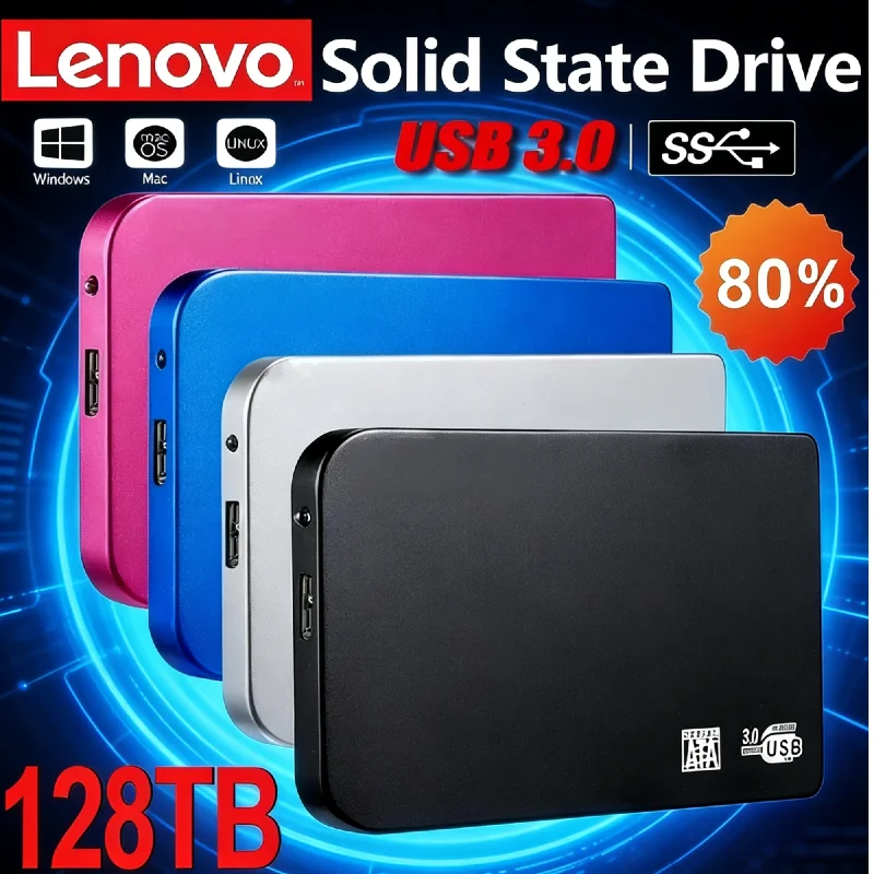 

Lenovo 128TB High-Speed SSD Enclosure, USB 3.0 External Hard Drive Case, Portable HDD/SSD Storage Box with Cable, ABS Material