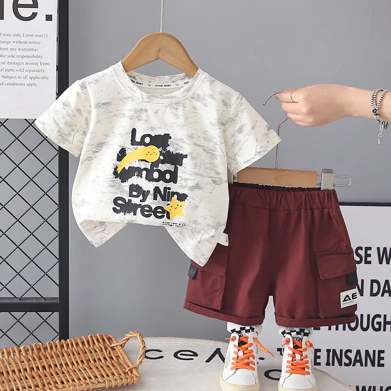 Toddler Boys 2PCS Tie-Dye Cartoon Print Short Sleeve T-Shirt & Cargo Shorts Set, Casual Summer Outfit for Daily Party & Vacation