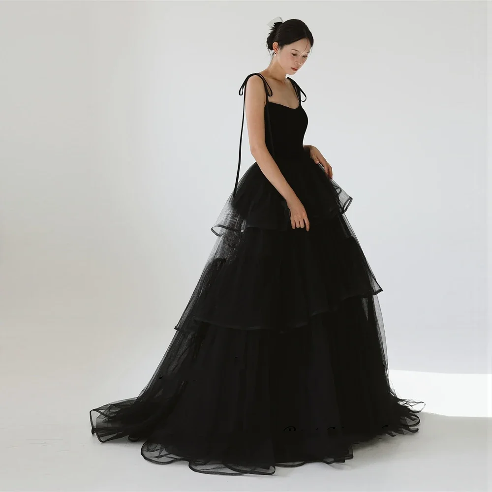 

Black Layered Princess Wedding Dress Korean Photo Shooting Spaghetti Strap A-line Bridal Ball Dress Tight corset Custom