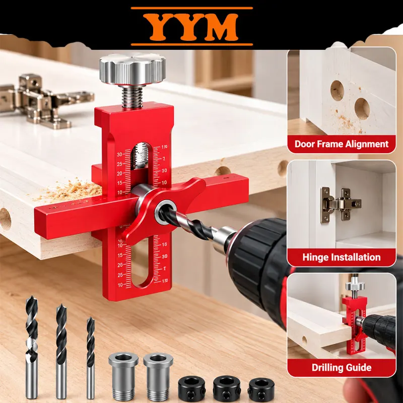 YYM 2-in-1 Cabinet Door Installation Jig, 6/8/10mm Rebounder Punch Locator, Wardrobe Panel Mount Positioner Woodworking Tool