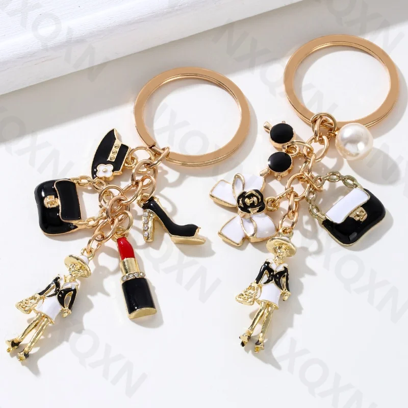 Pretty Bow Knot Handbag Hat Elegant Women Enamel Keychain Preal Key Ring For Girls Friendship Gift Handmade DIY Jewelry Set