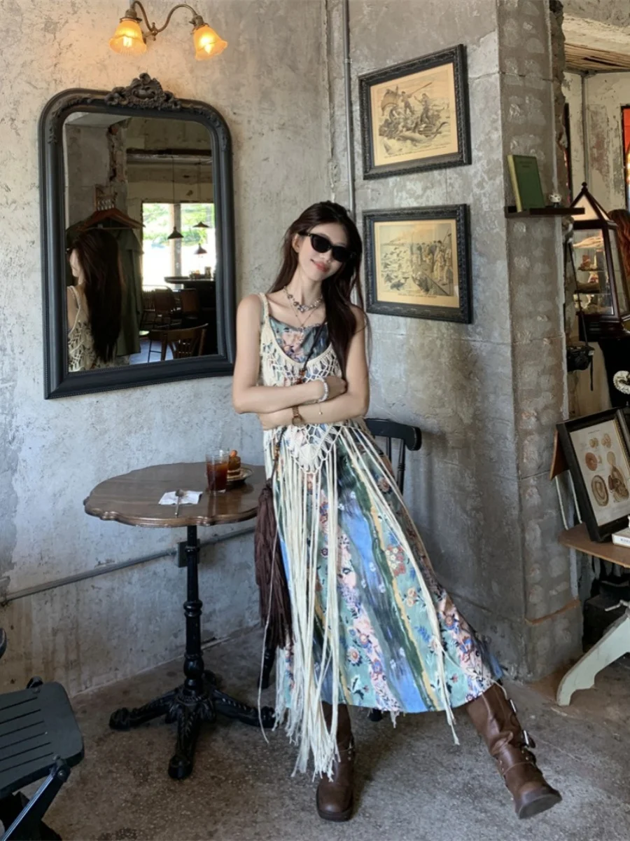 Efeito de emaecimento verão novo estilo tema de férias vestido f moda borla oco tecelagem camadas material de seda s...