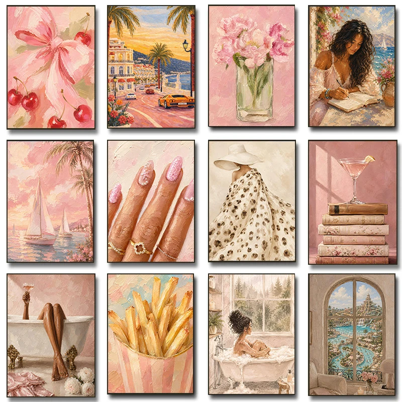Luxury Coastal Rose Wine Tub Martini Cocktail Posters Swimsuit Vanity Room Prints Canvas Painting Wall Art Pictures Home Decor