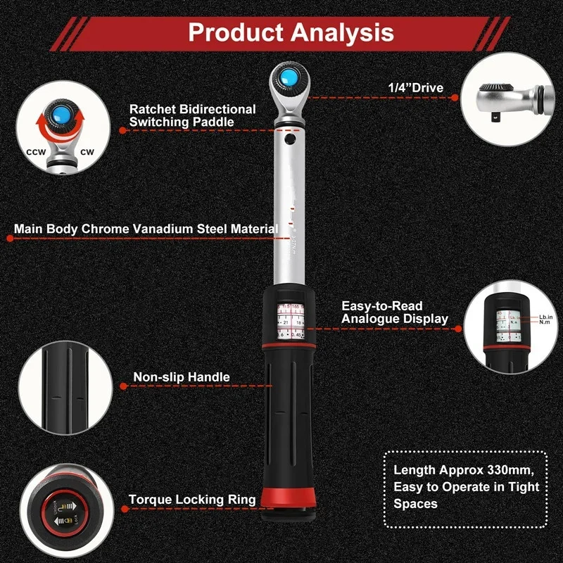 

New 1/4 Inch Drive, Window Style Torque Wrench 3-27 Nm With Dual Direction Adjustable