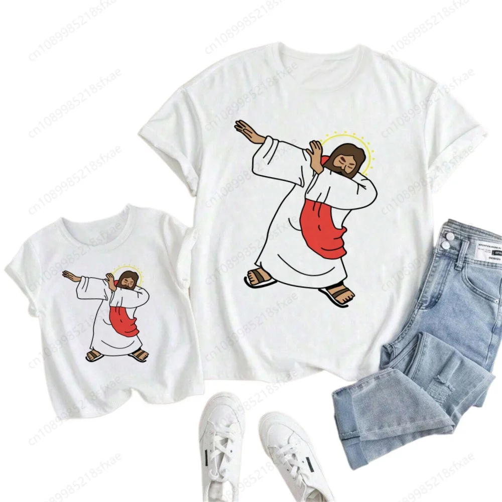 

Jesus Love Me Print Matching Outfits for Family T Shirts Funny Kawaii Girl Top White Round Neck Short Sleeves Boys Tshirt
