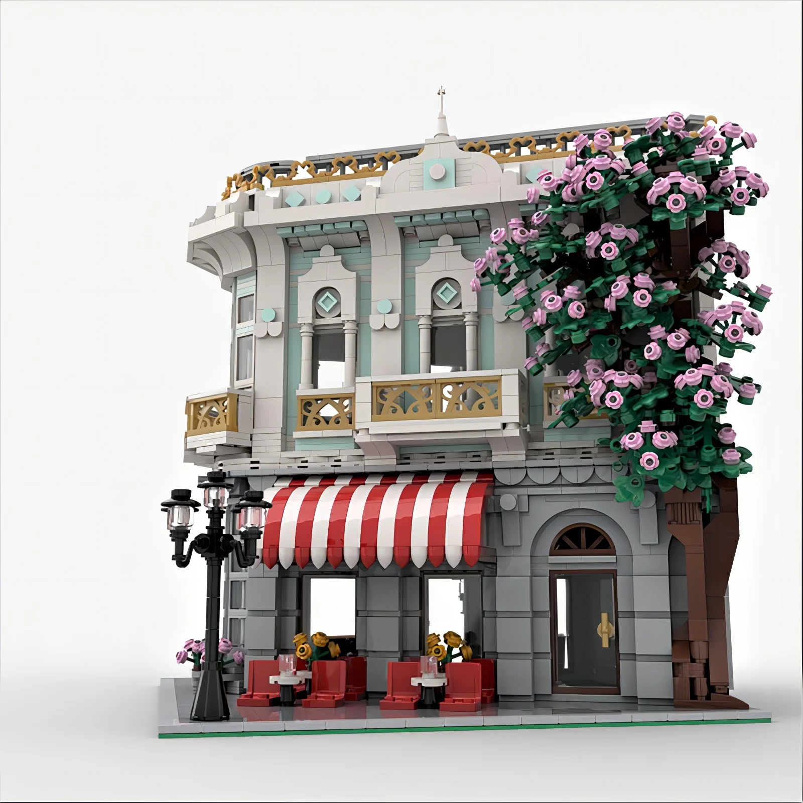 MOC-131134 Street View Cafe under the cherry blossom tree Modular building Assembled building block toy