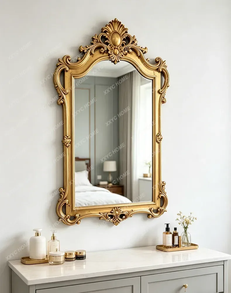 Light luxury carved bathroom mirror wall hanging living room entrance decorative mirror special-shaped advanced makeup mirror