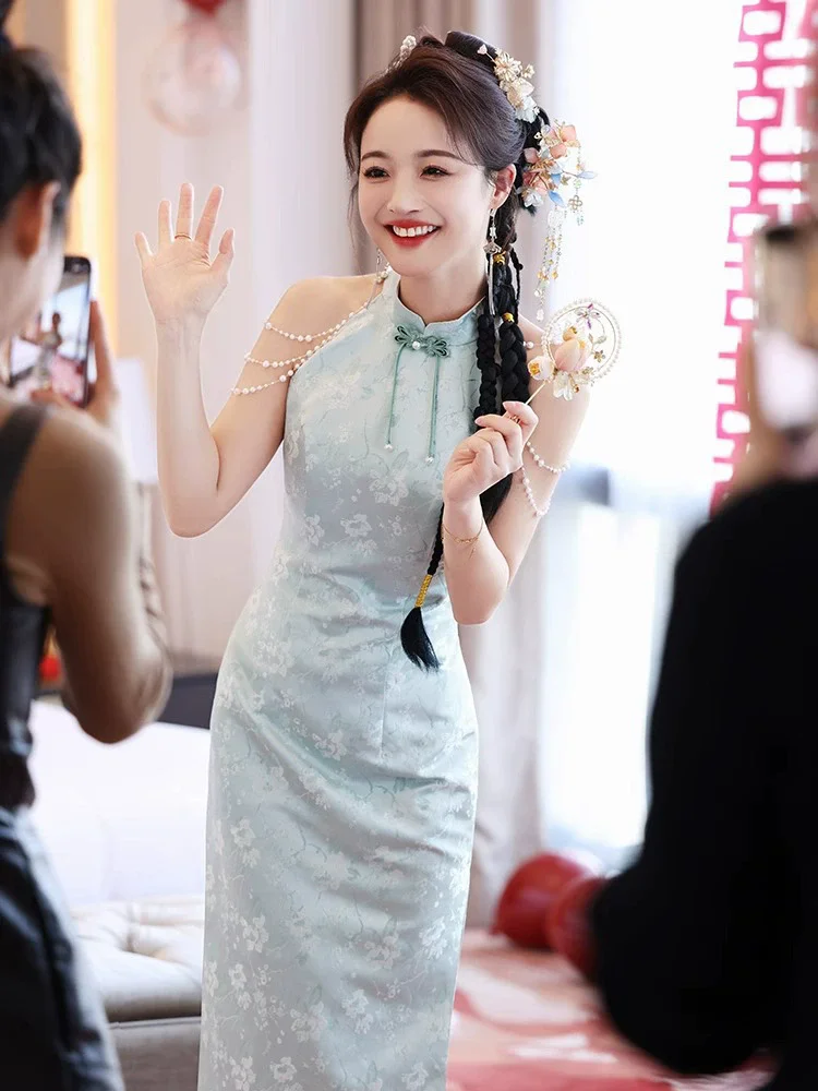 الأزرق المطبوعة شيونغسام التقليدية اليوسفي طوق خمر تشيباو مثير رائعة حفل زفاف ثوب النمط الصيني اللباس #2