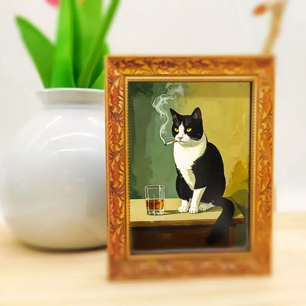 Vintage Tuxedo Cat Fridge Magnet, Smoking & Drinking Cat Art, Framed Magnetic Decor for Kitchen Refrigerator & Home