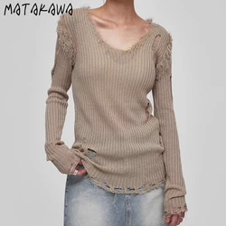 Matakawa Y2k Holes Women Sweaters Vintage Autumn Winter Korean Fashion Solid Pullovers Hot Sale Loose Sueter De Mujer Knitwears