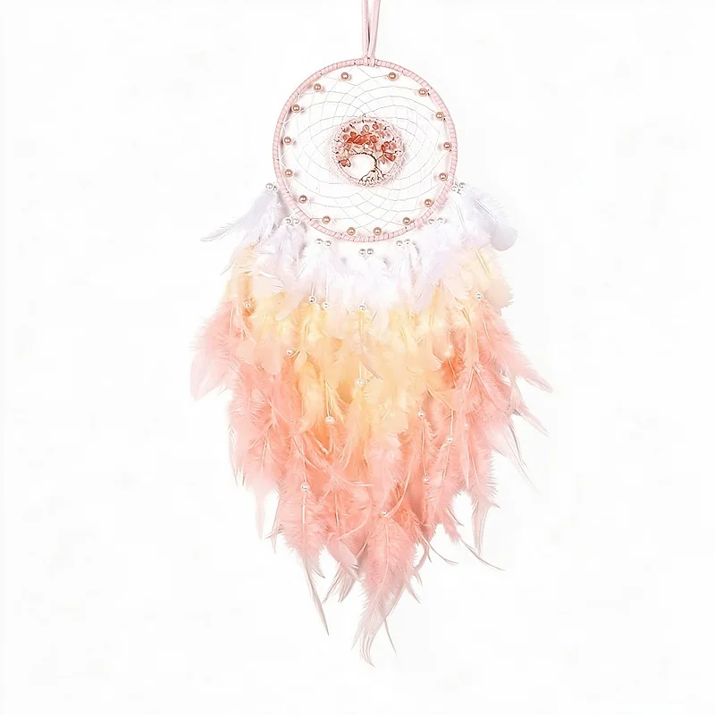 Dream Catcher Hanging Ornament Decor Handmade Pink Feather Healing Crystals Dreamcatchers For Home Wall Decor