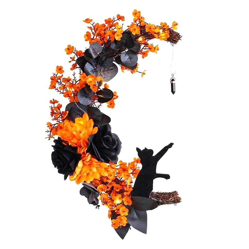 ハロウィーンのドアリース,明るい猫の花輪,黒いバラと黄色の花,正面玄関の好意