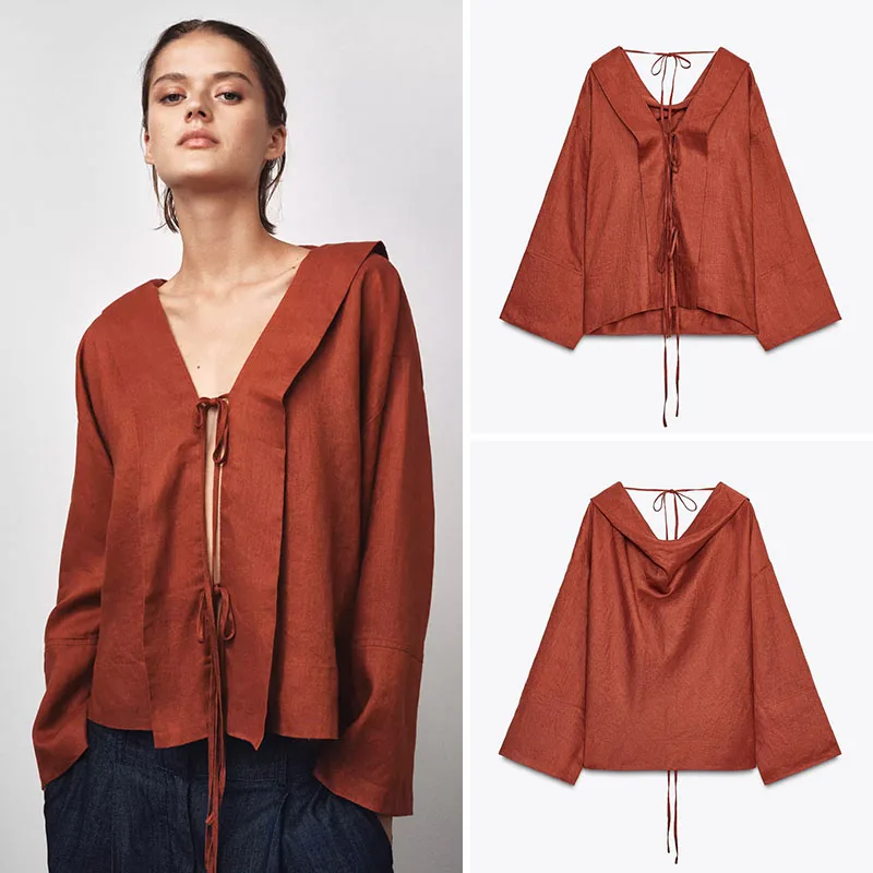 New Arrival Casual Loose V-Neck Two-Way Wear Women's Shirt Autumn 2025 Comfortable Versatile Fashionable Ethnic Style