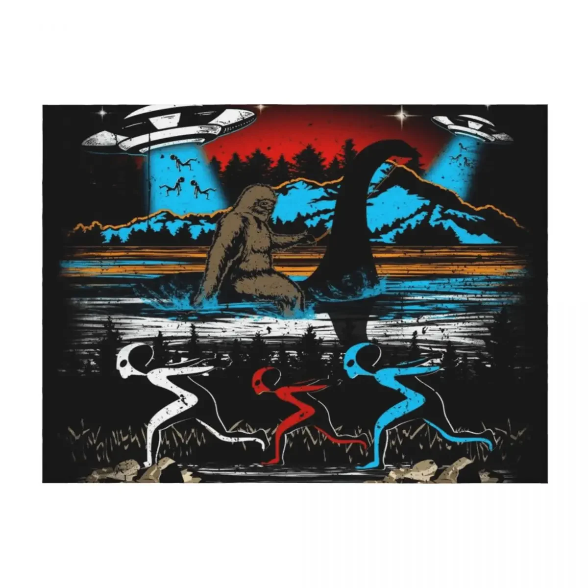 

Bigfoot ride Loch Ness Monster Sasquatch Alien running Ufo Graphic Vintage Sunset Throw Blanket wednesday Travel Blankets