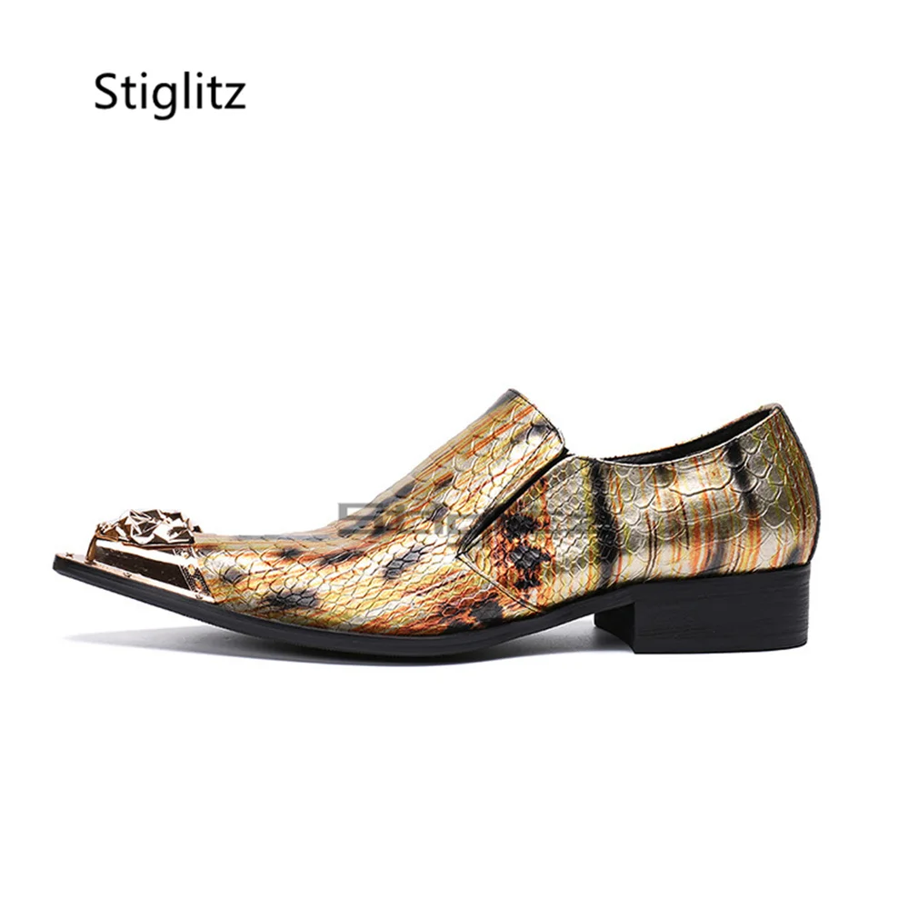 Men's Golden Snake Print Slip On Loafers Metal Pointed Toe Low Heel Genuine Leather Dress Shoes Wedding Party Footwear Big Size