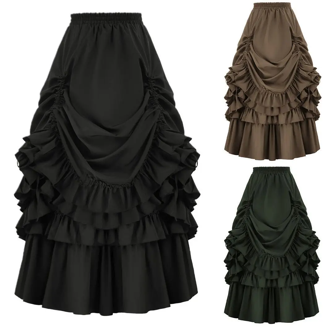 NONSAR Plus Size New Ruffles Drawstring Skirts for Women Vintage Gothic Dark Style Victorian Renaissance A-line Long Skirt
