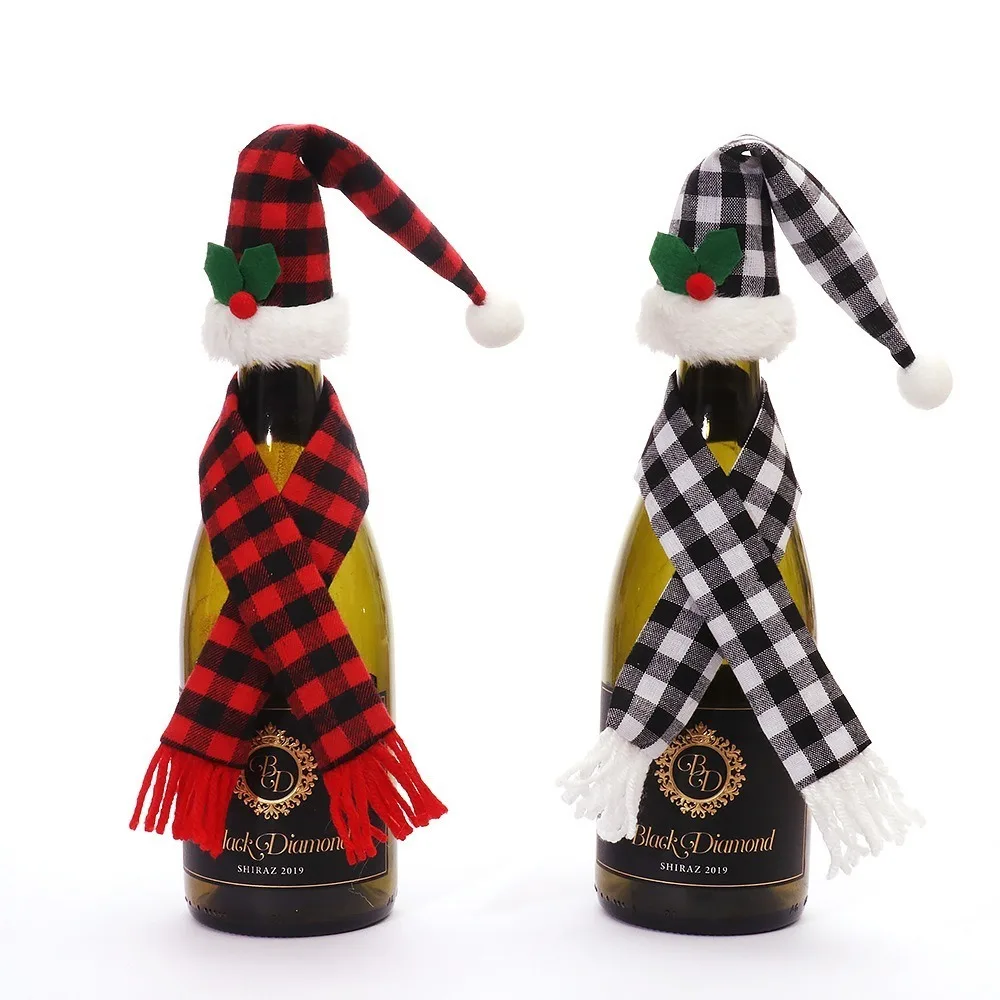 Table Decorations Christmas Wine Bottle Cover Christmas Decoration Xmas Gift Xmas Hats Scarf Red Black Mini Christmas Hat