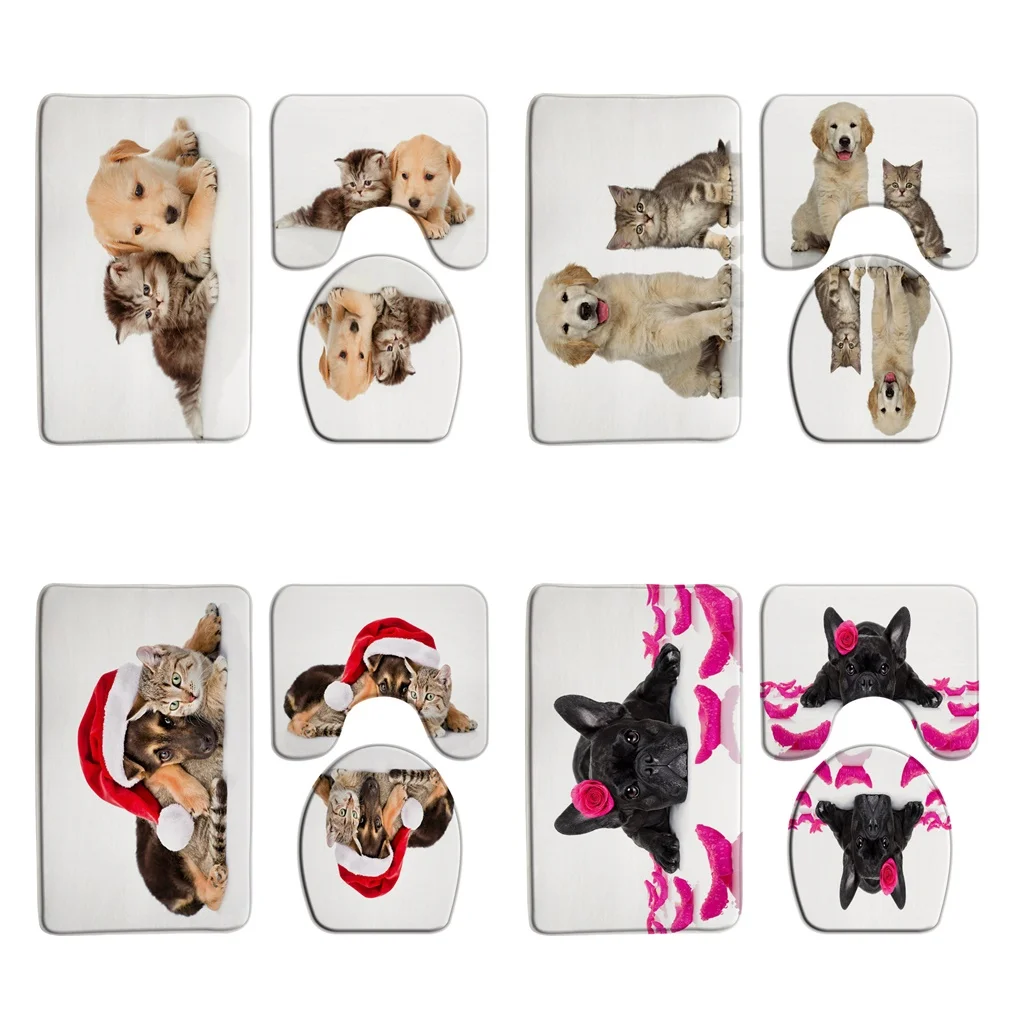 

Cute Animal Dog Cat Bathroom Doormat Rug Set 3Pcs Flower Non Slip Bath Mat U-Shaped Carpet Toilet Lid Cover Washable Home Decor