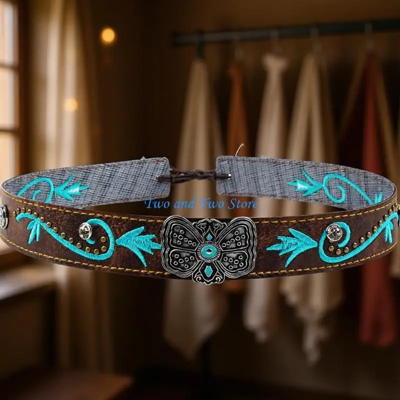 HX6F Durability PU Leather Hat Band Versatiles Embroidered Headwear Strap Western Hat Belt for Years Round Fashion Wear