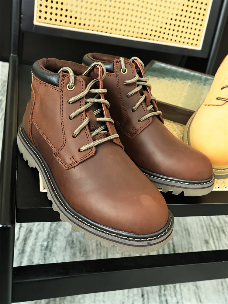 

Fashionable Boots Men's Mid-Calf Lace-Up Desert Boots Top Layer Cowhide Autumn Winter round Toe Rubber Outsole Shoes