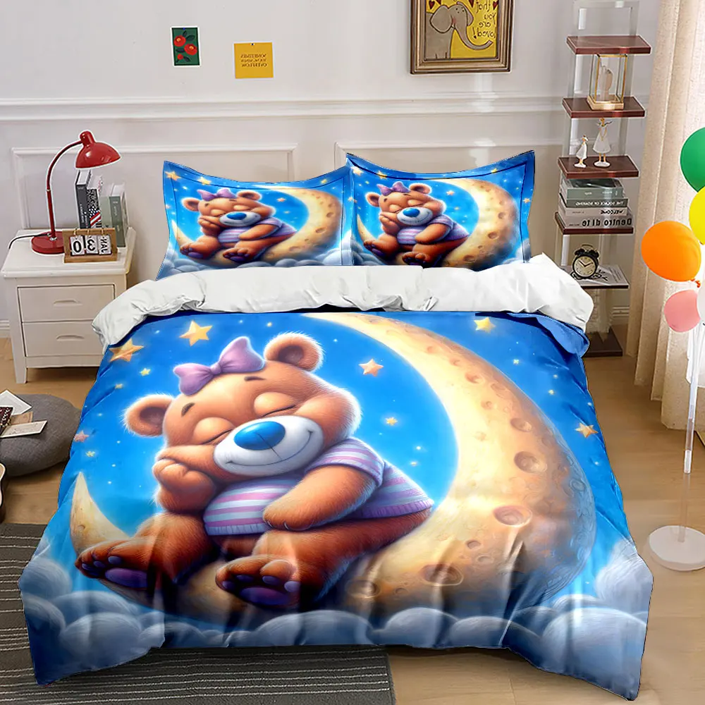 Sweet Dreaming Bear on Moon Print Bedding Set 1 Duvet Cover 2 Pillowcases for Adult and Children Luxury Gift Full Size