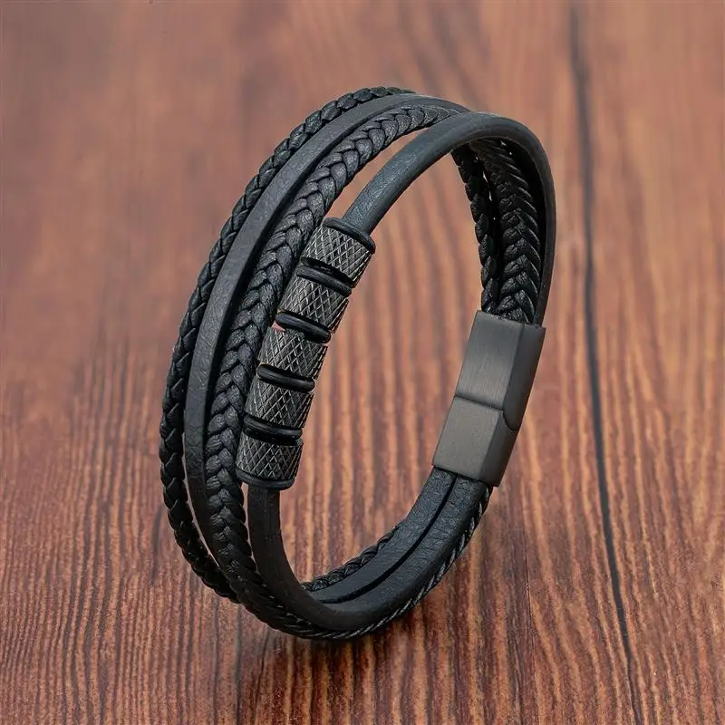 Luxury Stainless Steel Beaded Bracelet for Men Classic Multilayer Braided Leather Bracelet Fashion Men\'s Jewelry Gifts