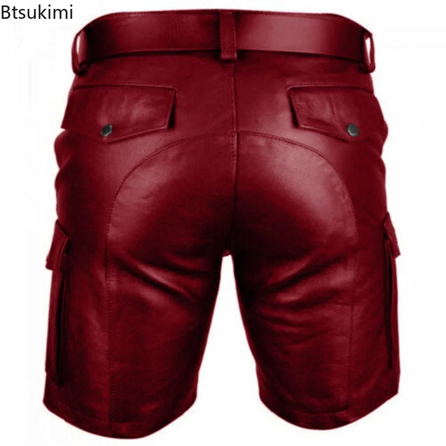 New Solid Color PU Leather Pants Fashion Casual Men's Short Leather Pants Summer Fashion Trend Club Punk Style Shorts for Men