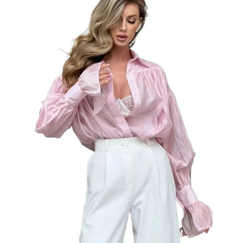 Bornladies الخريف المرأة المألوف فضفاض الياقات قميص مكتب سيدة بلون تنوعا مضيئة كم قميص بأكمام طويلة