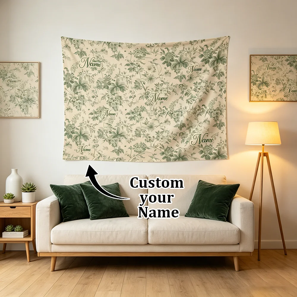1PC Personalized Green Botanical Floral Toile Tapestry Custom Name Vintage Plant Wall Hanging Bedroom French Country Decor