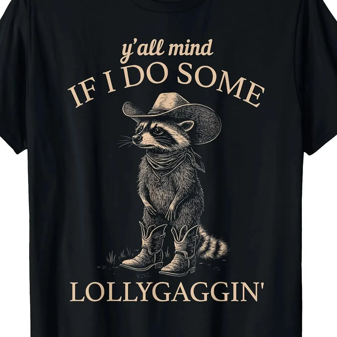Funny Cowboy Raccoon T-Shirt - Retro Western Graphic Tee with _Y'all Mind If I Do Some Lollygaggin'_ Slogan, Machine Washable Round Neck Casual Shirt Suitable for All- Wear  Cowboy Outfits