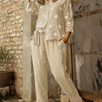 ZANZEA Casual Belted Elastic Waist Trouser Pantsuits O-neck 3/4 Sleeve Polka Dot Shirt Women Top and Pant Outfits 2pcs Pant Sets