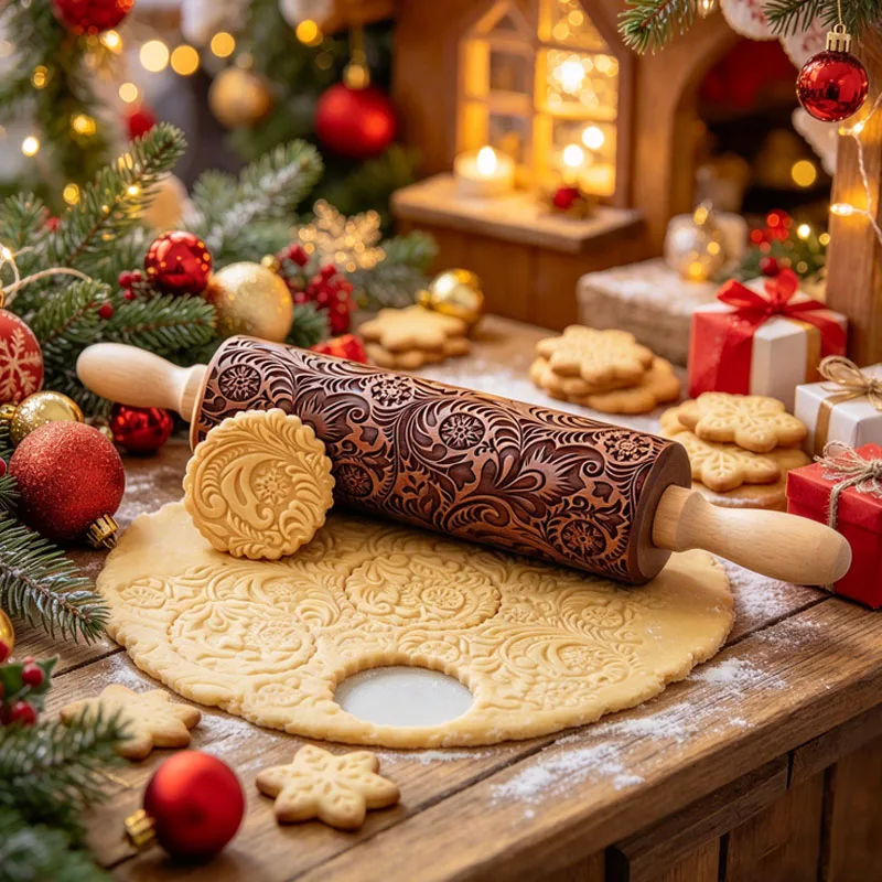 Christmas Snowflake Embossed Rolling Pin Wooden Dough Roller Laser Cut Paisley Pattern for Holiday Baking Home Gift Xmas Decor