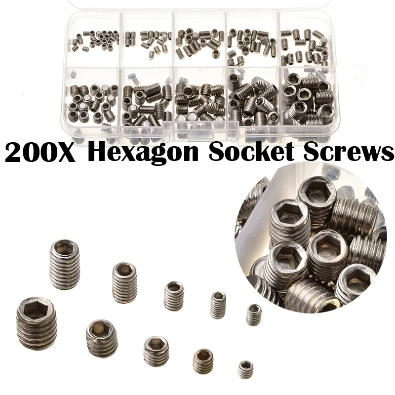 200Pcs 304 Stainless Steel  M3/M4/M5/M6/M8 Grub Screws Hex Socket Screw Assortment Kit