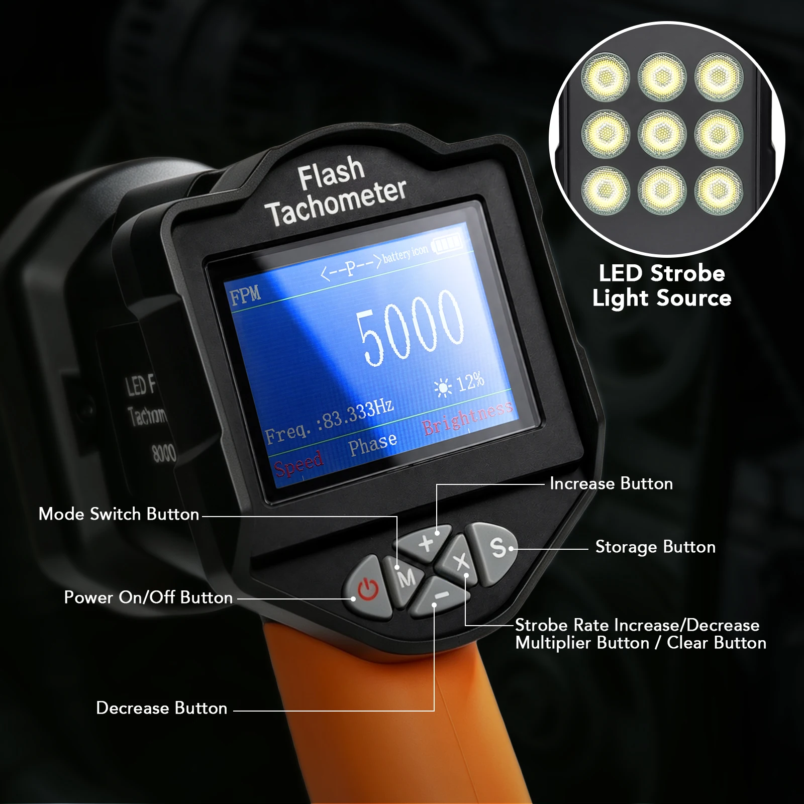 LED Stroboscope Tachometer 60-1,000,000 RPM, Non-Contact Digital Meter 0.001% Acc, TFT Display & Adjustable Strobe for Motor