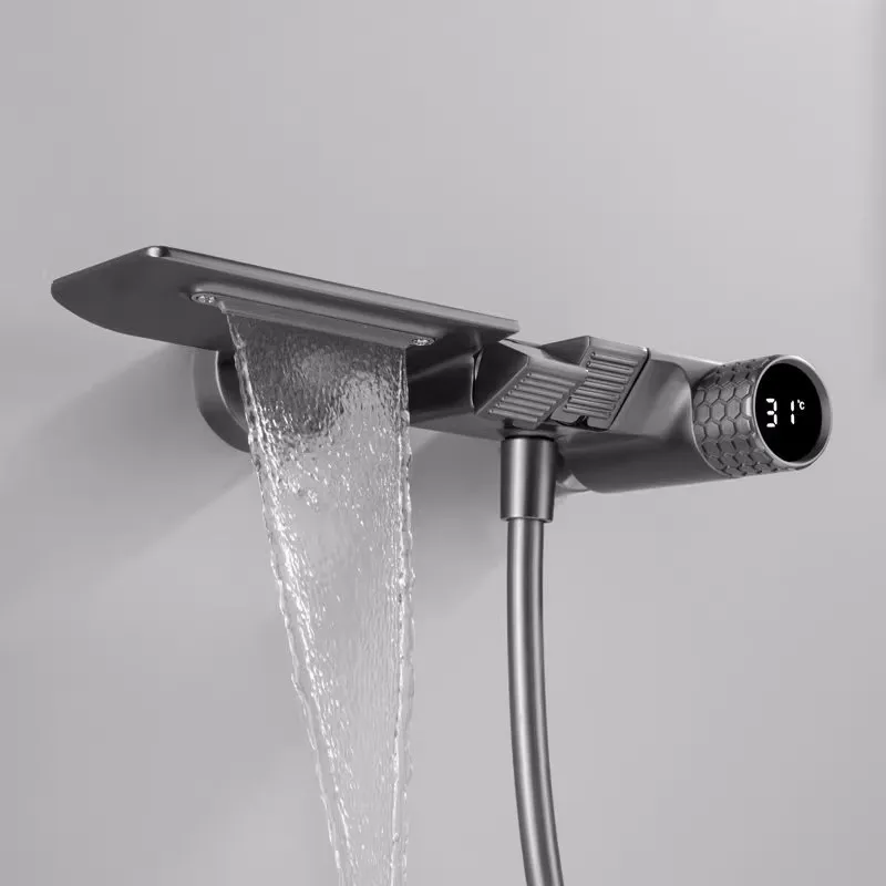 

Gun Grey Bath Shower Faucet Set Brass Waterfall Bathtub Mixer Hot & Cold Temperature Display Tap Wall Mounted With Storage Rack