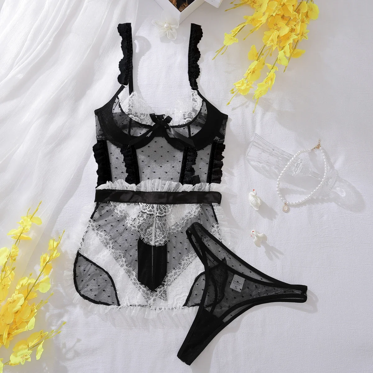 MUZISKAT-Lencería de sirvienta de encaje transparente con espalda descubierta, ropa interior seductora, conjunto Sexy debajo, traje erótico de mujer desnuda