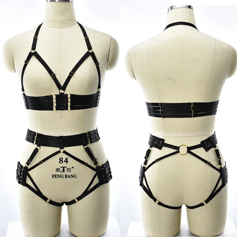 Body Harness Bra Sexy Lingerie Set Black Body Cage Pastel Goth High Waist Leg Garter G-string Bondage Harness Set