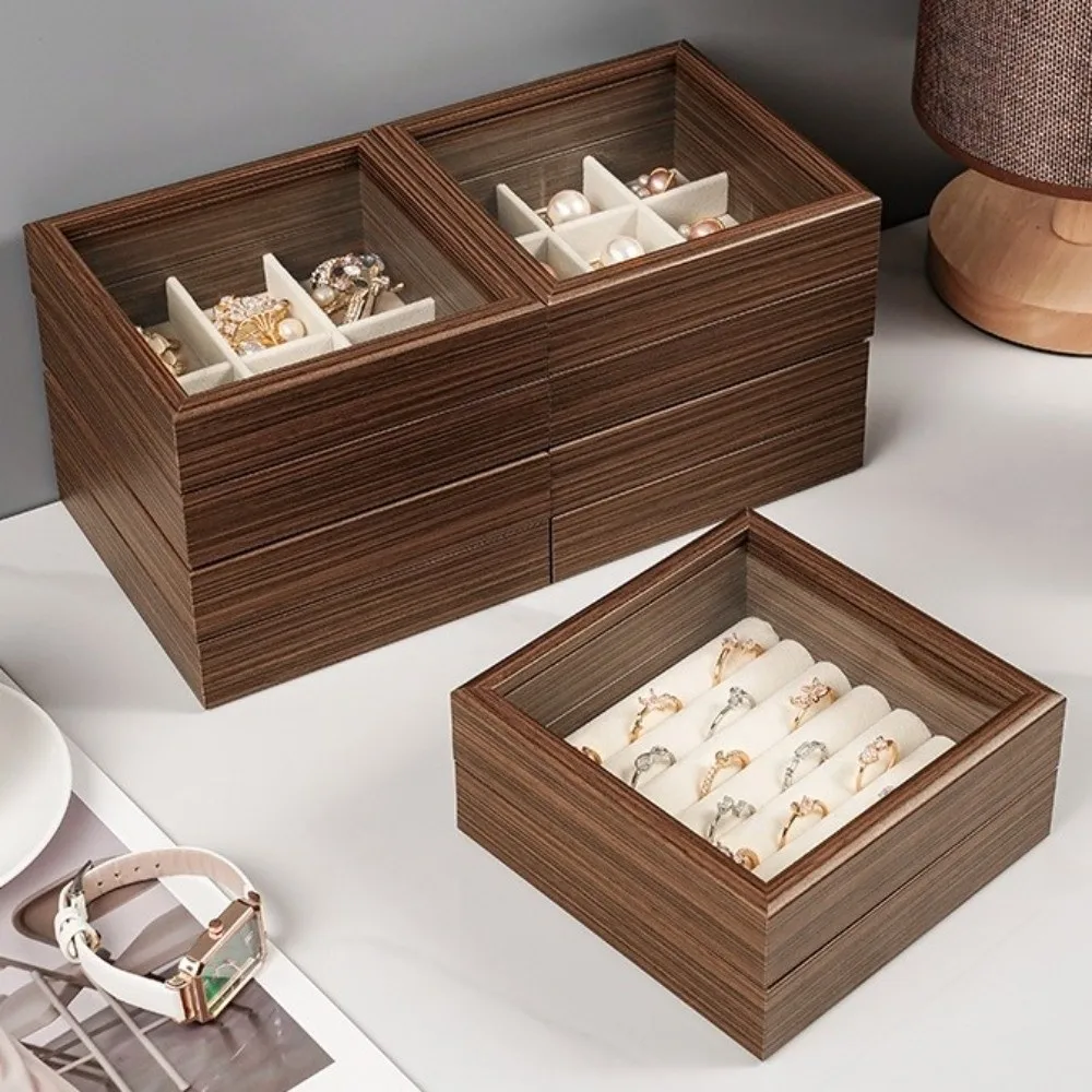 Elegant Glass Lid Wood Jewelry Box Velvet Interior Dust-proof Jewelry Organizer Durable Convenient Ring Display Holder Travel