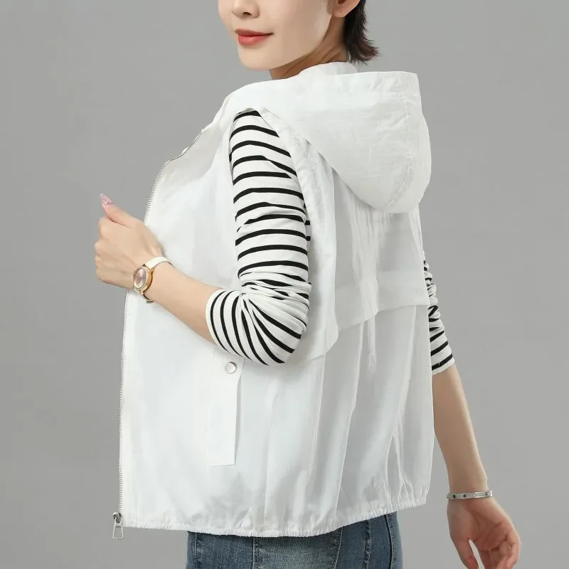 

Женский солнцезащитный жилет с капюшоном для мамы, весна-лето, новая модная куртка без рукавов, женский тонкий свободный жилет, короткие топы T1341