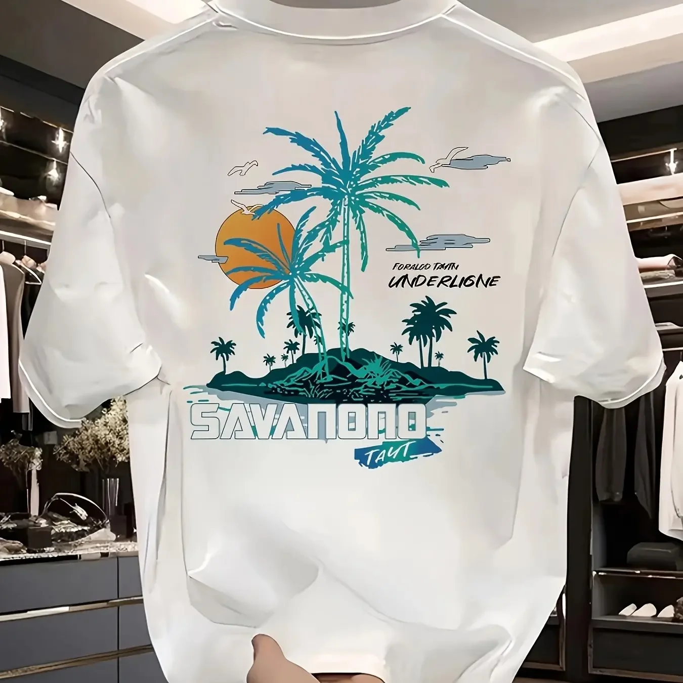 Men's Beach Style T-Shirt Turquoise Palm Tree with Sun & Seagulls Design Comfortable Cotton Tee for Everyday Summer Wear