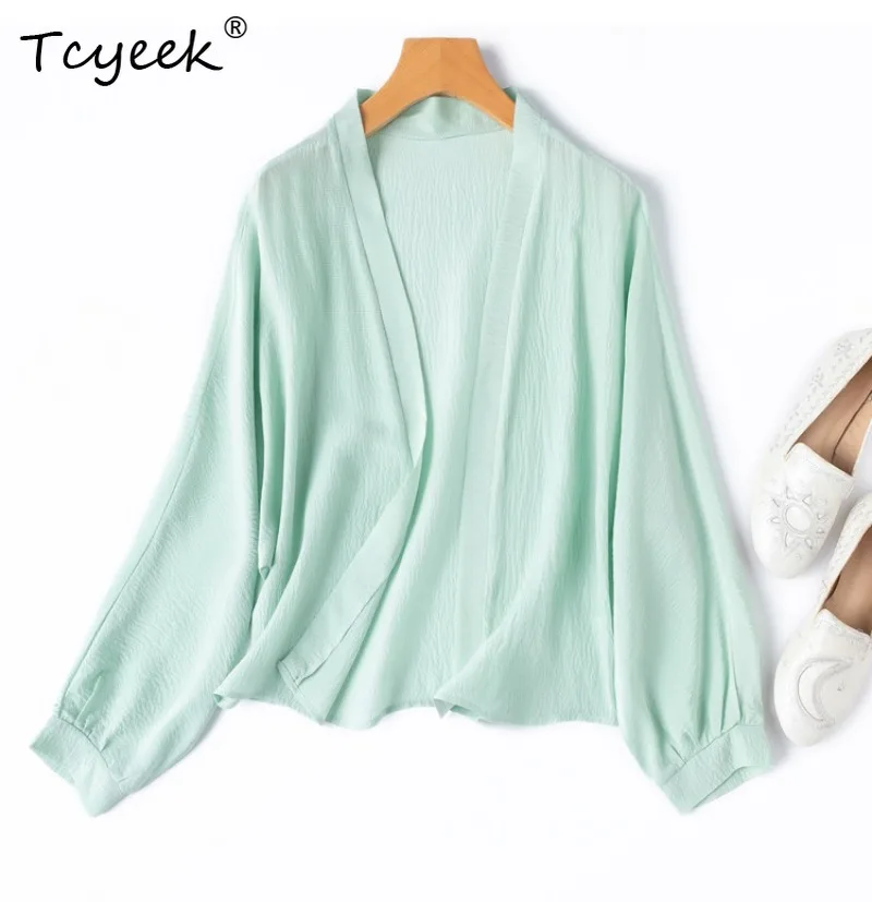 Tcyeek 100% Real Mulberry Silk Long Sleeve Tops 2026 Spring Light Cool Skin-friendly Sun-protective Top Woman Clothes Ropa Mujer