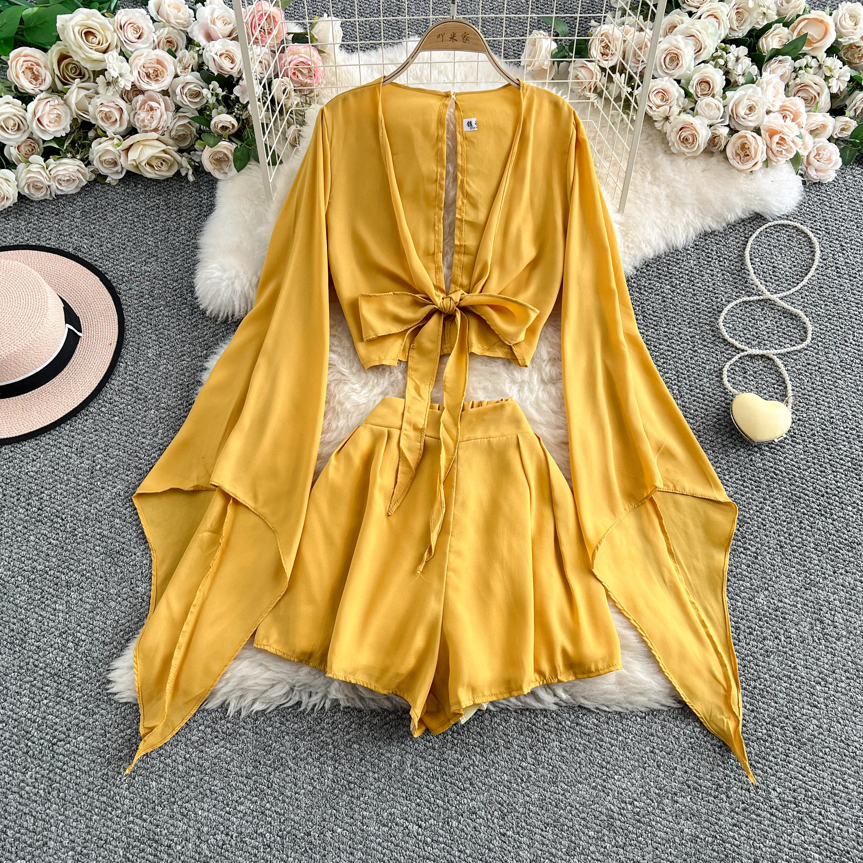 

Female Summer Flare Sleeve Tops Shorts Set Lady Trendy Design Tropical Night Club Party Elegant Streetwear Date Dinner Suit Sets