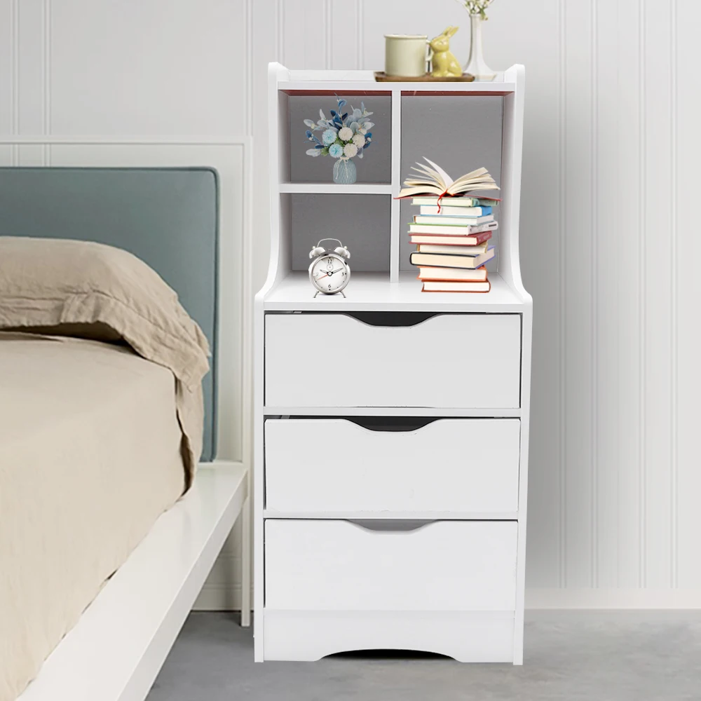 Nightstand สีขาวสไตล์ทันสมัยตู้เฟอร์นิเจอร์ห้องนอนโต๊ะข้างเตียงหรูหราพร้อมลิ้นชัก3อัน