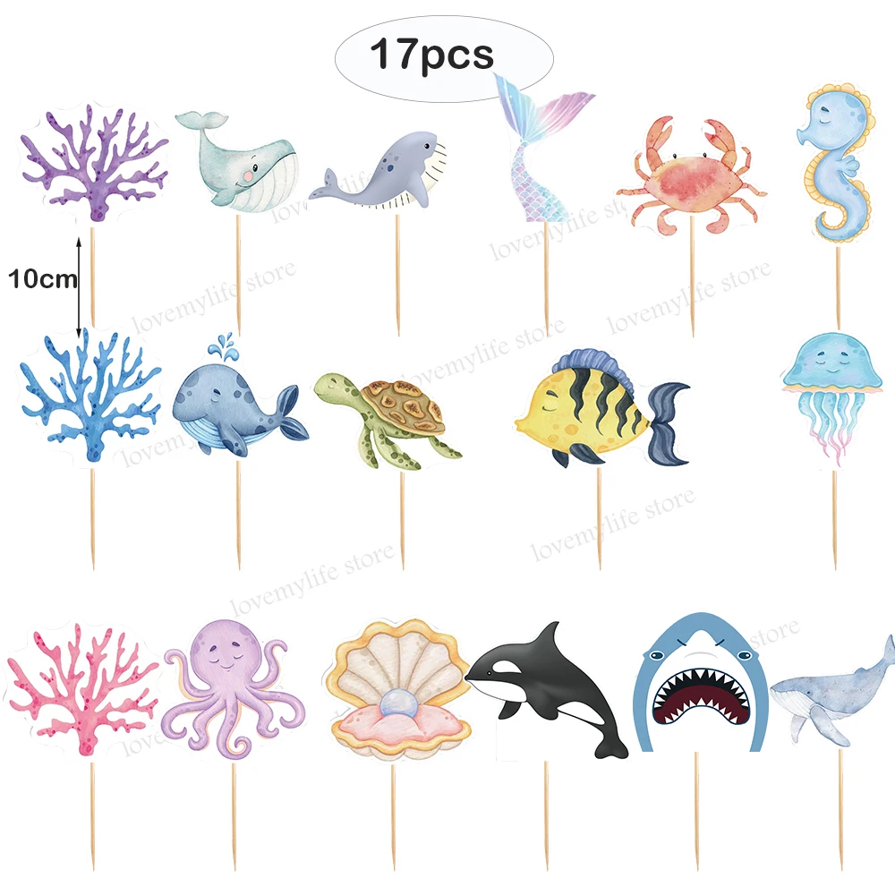 17pcs Ocean Cupcake Topper Under the Sea Turtles Shark Crab Marine Party Cake Decor Baby Shower Sea Theme Birthday Cake Supplies