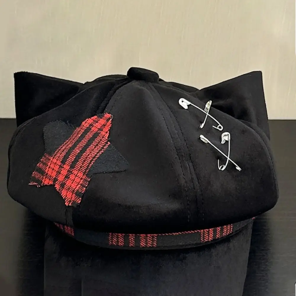 Casual Thin Brim Cat Ears Beret Hat Irregular Spice Girl Painter Artist Cap Y2K Gothic Plaid Octagonal Hat Women
