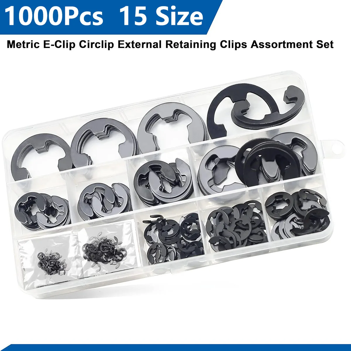 1000Pcs M1.2-M15 Black Carbon Steel E Clip Ring Snap Circlip Washer Assortment Kit Set External Retaining Ring for Shaft DIY