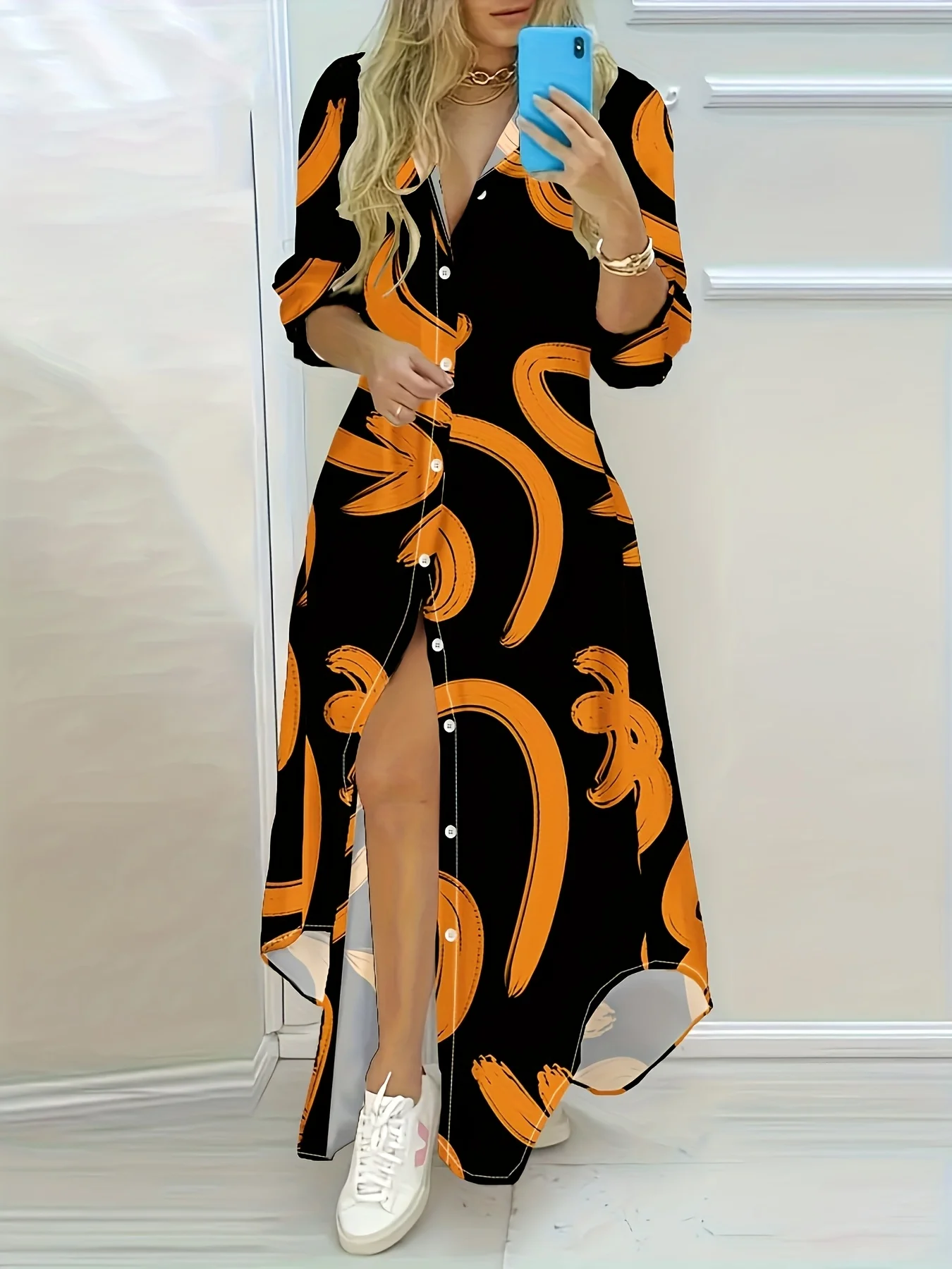 Orangefarbenes, langärmliges Kleid mit abstraktem Kurvenmuster, lässiges A-Linien-Midikleid für Damen, modische Streetwear, trendiges Herbst-Winter-Outfit