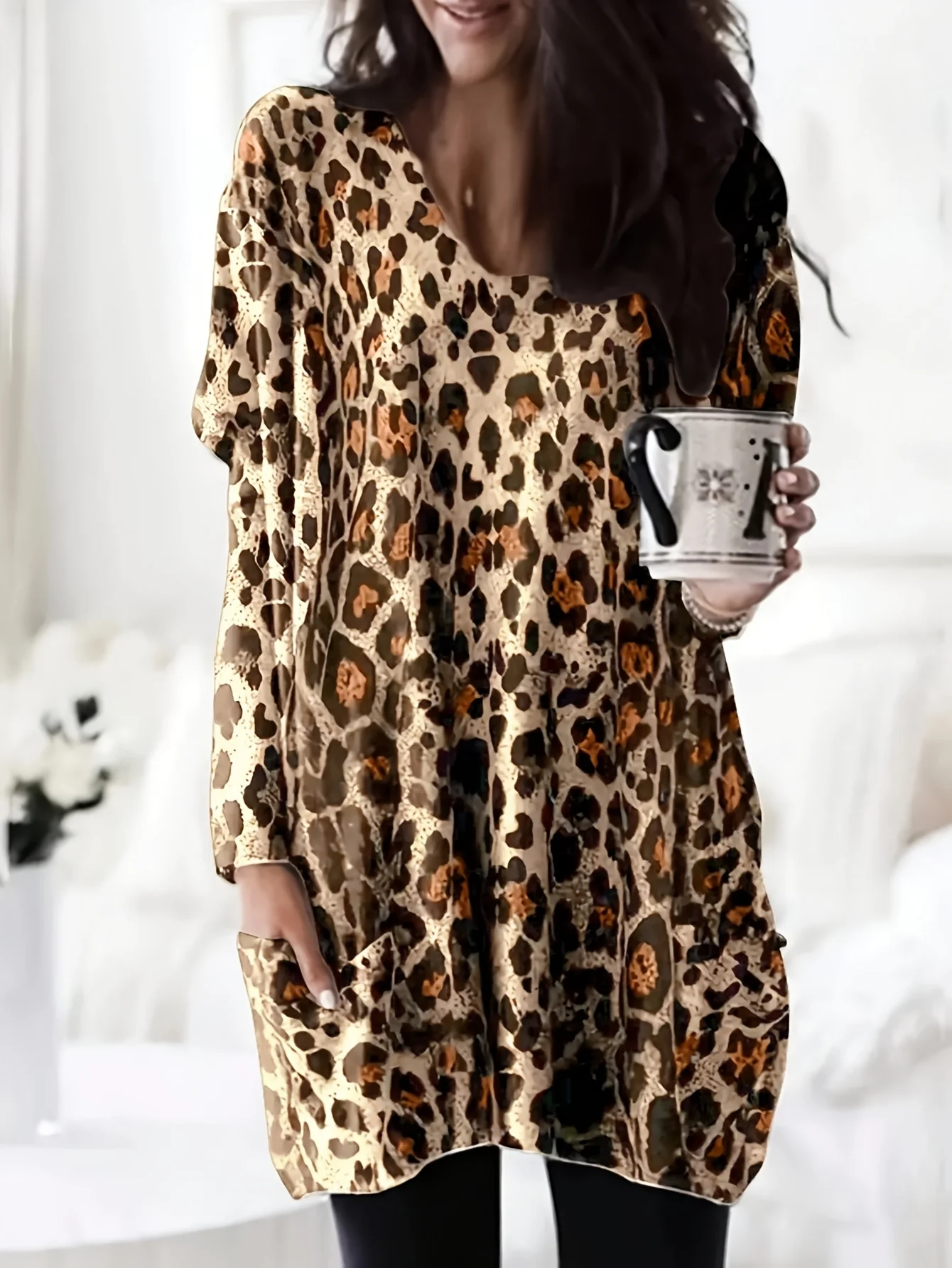 حجم كبير أزياء المرأة عيد الميلاد المطبوعة جيب بأكمام طويلة تي شيرت السيدات عارضة الخريف الشتاء ملابس المنزل طويلة المحملة قمم #2