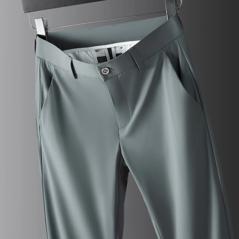 

High Stretch Fabric Summer Thin Ice Silk Business Pants Men Elastic Waist Classic Work Office Formal Suit Trousers Plus Size 40