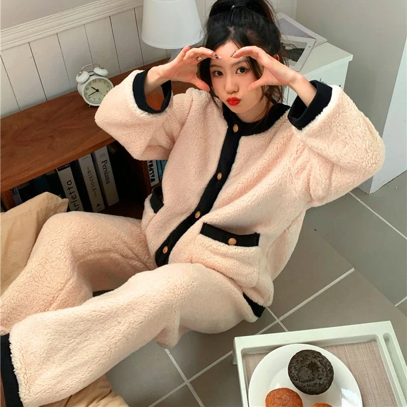 Conjunto de pijama de franela para mujer, ropa de dormir de terciopelo más grueso, cálido, con paneles, suave, moda coreana, combina con todo